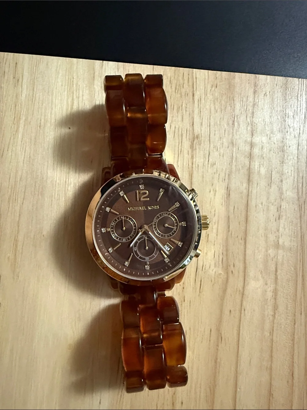 Michael Kors Brown Tortoiseshell Resin Link Chronograph Watch with Gold Accents